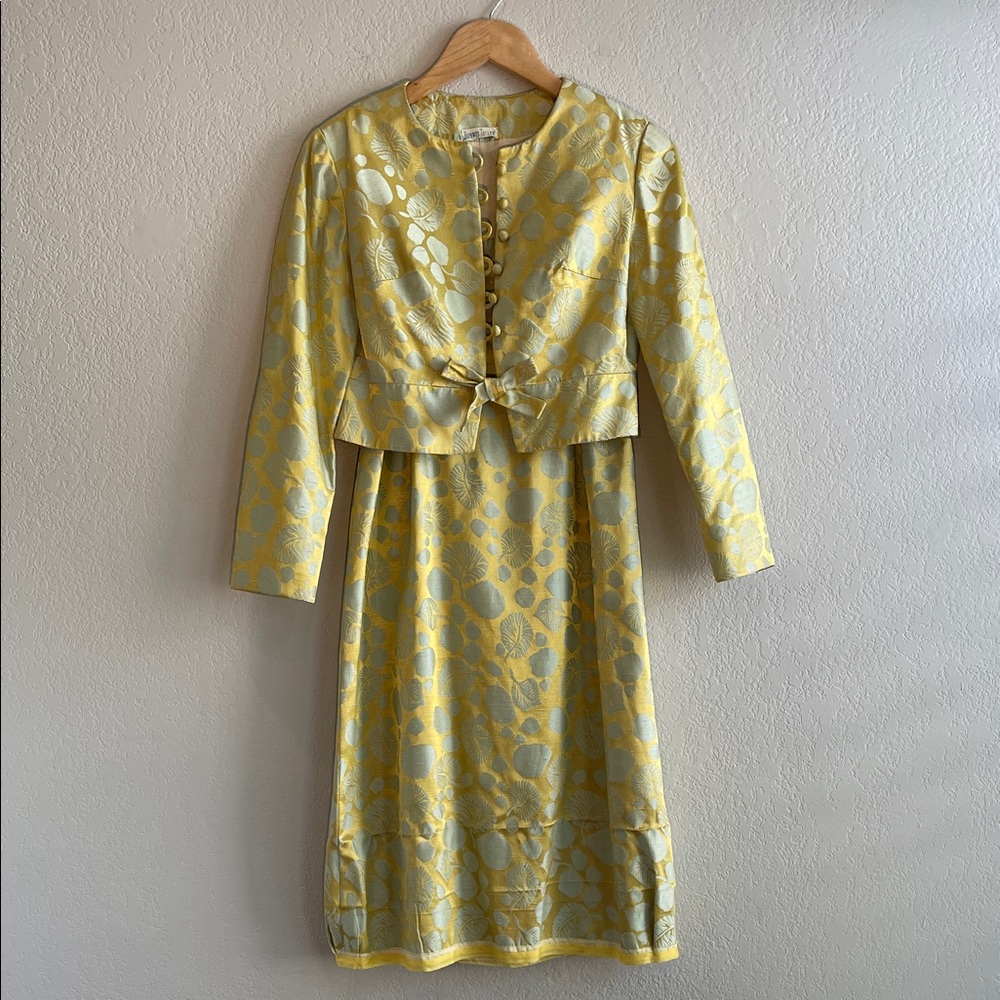 Bonwit Teller Yellow Patterned Midi Dress with Matching Jacket